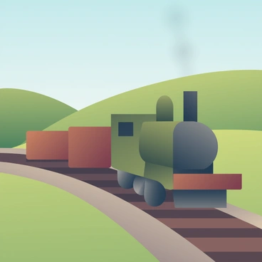 A steam locomotive from the 1930s traveling on a railway track through a picturesque countryside with rolling hills, lush green fields, and a clear blue sky.