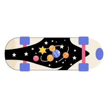 A skateboard with a sleek black deck featuring a vibrant space-themed logo. The logo includes colorful planets, each with distinct rings and textures, orbiting around a bright yellow star. Numerous small white stars are scattered across the background of the deck, creating a cosmic effect. The skateboard's wheels are a contrasting bright blue, adding to the overall dynamic look.