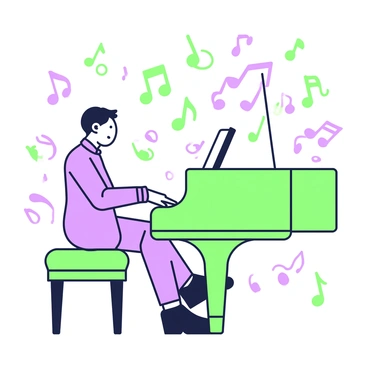 A pianist is seated at a grand piano, playing passionately. The pianist has an expressive facial expression, fully immersed in the music. Musical notes, illustrated as green and purple swirls, float around in the air, creating a dynamic atmosphere. The piano is polished and reflects light, while the pianist’s hands dance across the keys, emphasizing their movement. In the background, there is a soft outline of a concert stage, enhancing the performance setting.
