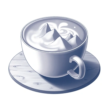 A cup of latte is placed on a wooden table. The surface of the latte showcases intricate foam art depicting a mountain range. The peaks are defined and sharp, rising prominently in the center. The valleys between the mountains create a sense of depth. Wisps of foam swirl around, adding texture to the mountainous landscape. The cup is round, with a smooth ceramic finish, reflecting the soft light from above. The table beneath is textured, with visible wood grain and knots.