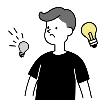 A man with short, neatly styled hair is positioned at the center of the image. He has a furrowed brow and pursed lips, depicting a "disapproving" expression directed towards his left side. On the left side, an idea is represented as a small, floating light bulb with a dull, muted glow. On the right side, the same man transitions to a "smiling approvingly" expression with his mouth turned upward and eyes slightly squinted in delight. On the right side, another idea is depicted as a brightly glowing light bulb, symbolizing a positive thought or suggestion. The man's attire includes a simple black t-shirt, and the background is minimal to emphasize his expressions and the ideas presented.