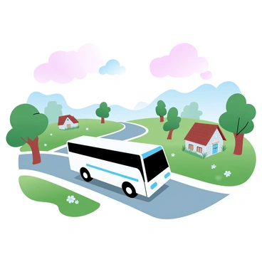 A new bus is driving along a narrow road in a quaint rural village. The bus has a bright, modern design and is in motion, with its wheels slightly elevated from the ground. On either side of the road are lush green fields dotted with wildflowers. In the background, there are charming cottages with thatched roofs, made of stone and wood, each with a small garden. A few trees are scattered throughout the scene, providing shade and adding to the village's picturesque charm. The sky above is filled with gradient pastel colors, transitioning smoothly from soft pink to light blue.