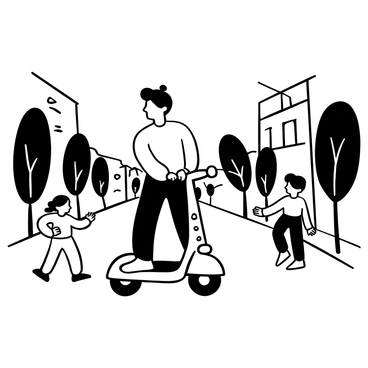 A man with a distinct hairstyle riding a scooter down a street, with a slight forward lean as he maintains balance. The street is lined with trees and there are several children playing nearby, some waving back at him. The scene captures a dynamic moment of movement, with the man appearing cheerful. In the background, a few buildings can be seen along the street, providing context to the environment. The overall composition conveys a sense of activity and engagement.
