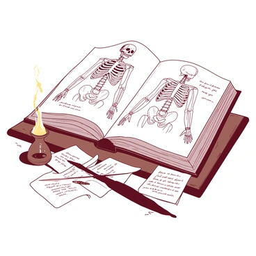 A white open book lies on a wooden table, displaying detailed sketches of human anatomy. The left page features a large, intricate drawing of a human skeleton, complete with labels in elegant script. The right page shows various muscular systems, highlighted with annotations describing each muscle group. Surrounding the book are several quills and ink pots, with a few scattered sheets of parchment containing sketches and notes in the same ornate handwriting. A candle flickers nearby, casting soft shadows across the table.