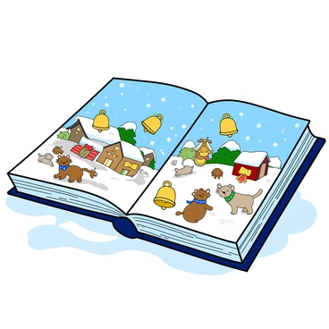 An open storybook with a bright blue cover sitting on a snowy surface. The pages are spread wide, showcasing colorful illustrations. One page features a whimsical winter scene with fluffy white snowflakes falling from the sky, and a small village with cozy houses adorned with twinkling lights. In this scene, there are several jingling bells scattered throughout, with some hanging from the rooftops and others resting in the snow. The bells have a shiny, gold finish, reflecting the soft glow of the winter landscape. On the opposite page, there are more whimsical elements, including cute animals wearing scarves and playing in the snow. The overall atmosphere feels enchanting and playful, inviting readers into a magical winter tale.