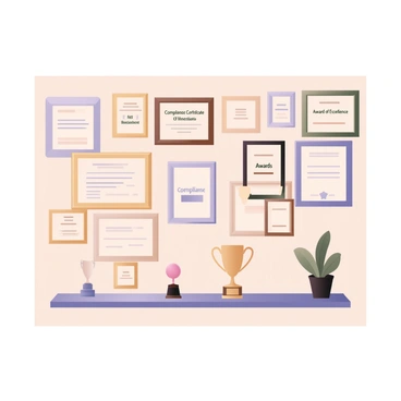 A digital flat illustration of a wall filled with various "compliance certificates" and "awards." The wall is painted in a light beige color. The certificates are in frames of different sizes and colors, including gold, silver, and dark wood. Each certificate features text with the words "Compliance Certificate" and "Award of Excellence." Some frames have decorative borders, while others are minimalist. There are also a few trophy icons placed on shelves below the wall, with a small plant in a pot next to them. The overall arrangement is neat and organized, showcasing the achievements prominently.