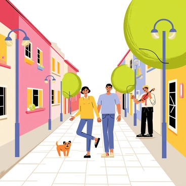 A cobblestone street lined with quaint buildings featuring colorful facades and flower boxes on the windows. Couples are strolling hand in hand, smiling and enjoying their time together. A small dog is playfully running alongside one couple. Streetlamps are casting a warm glow, illuminating the surroundings, while a gentle breeze rustles the leaves of nearby trees. In the background, a street musician is playing a violin, adding to the lively atmosphere of the scene.