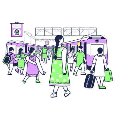 An Indian girl is standing at a busy railway station, observing the trains as they arrive and depart. She has long black hair tied in a braid that falls over her shoulder. She is wearing a colorful traditional dress with intricate patterns. Around her, various travelers hurry past, carrying bags and suitcases. The platform is bustling with activity, featuring people chatting, vendors selling snacks, and announcements being made over loudspeakers. In the background, several trains are visible on adjacent tracks, with some passengers boarding and others disembarking. The atmosphere is lively, filled with the sounds of train whistles and chatter.