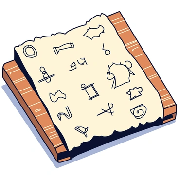 An ancient scroll unfurled on a wooden table. The parchment is aged, with frayed edges and a textured surface. The scroll displays various cryptic symbols, each intricately designed and scattered across the paper in a chaotic yet captivating arrangement. The symbols are in dark ink with some having faded signs, enhancing the scroll's mysterious aura. Soft light casts subtle shadows on the table, creating a sense of depth and intrigue around the scroll.