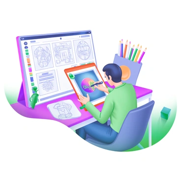 An artist is focused on a colorful tablet, drawing a vibrant digital editorial illustration. The tablet displays a vivid image in progress. Surrounding the artist are several sketches scattered on a table, showcasing various design concepts. The artist is holding a stylus and is seated on a modern chair while colorful art supplies are neatly arranged nearby. The room is well-lit, emphasizing the creative atmosphere.