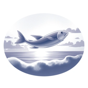 A flying fish gliding gracefully above the ocean surface. The fish has elongated fins extended, showcasing its ability to soar through the air. Below, the ocean waves are gently rolling. In the background, a dramatic sunset is visible, with the sun low on the horizon, casting a stunning array of light and shadow across the sky and reflecting off the water's surface. The scene captures the essence of movement and the beauty of nature.