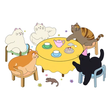 A group of five playful cats of various colors and patterns are gathered around a small round table covered with a bright tablecloth. Each cat is sitting on a tiny chair, looking lively and joyful. The table is adorned with an assortment of delicate tea cups and saucers, all in different pastel colors, with a teapot in the center pouring tea. One of the cats, a fluffy white one, is reaching for a cupcake decorated with sprinkles, while a striped tabby cat is playfully batting at a small toy mouse nearby. Another cat, a calico, is sipping from a cup with a curious expression, and a sleek black cat is lounging back, wearing a tiny party hat. Colorful flowers are scattered around the table, adding to the whimsical atmosphere of the tea party.