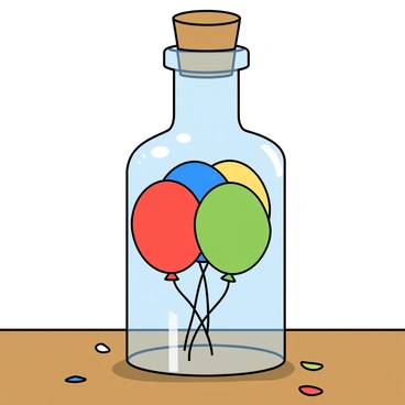 A small, round balloon with vibrant colors, including red, blue, yellow, and green, is tightly enclosed within a clear glass bottle. The balloon is inflated and slightly distorted to fit the shape of the bottle. The bottle has a smooth, cylindrical body with a narrow neck, and the cork is snugly placed at the top, sealing the balloon inside. Sunlight reflects off the glass, creating subtle glimmers. The bottle rests on a wooden table, surrounded by a few scattered confetti pieces in various colors that match the balloon.