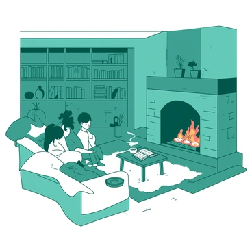 A teal living room features a large stone fireplace with a crackling fire casting warm light across the room. In front of the fireplace, a family is sitting on a white crunchy woolen rug, gathered closely together. The room has wooden shelves filled with books and decorative items, and a soft white sofa with cushions is placed against the wall. A small wooden coffee table in the center holds a steaming cup of tea and a few magazines. There are warm blankets draped over the sofa, adding to the cozy atmosphere.
