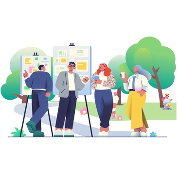 A group of four business professionals is gathered in an open-air park setting, surrounded by lush green trees and vibrant flowers. Two men and two women are actively discussing ideas while standing next to a large canvas on easels. One man, wearing a navy suit and glasses, is pointing at the canvas, which features colorful sketches and notes. The second man, in a light gray blazer, is taking notes on a digital tablet. One woman, dressed in a floral blouse and black trousers, is holding a coffee cup and listening intently. The other woman, wearing a white blouse and bright yellow skirt, is smiling and contributing her thoughts. In the background, a path winds through the park, and a few other park visitors can be seen enjoying the day.