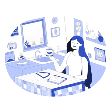 An illustrator is sitting at a wooden table in a quaint kitchen. The kitchen features vintage decor, with a checkered tablecloth covering the table. The illustrator holds a cup of tea in one hand, with steam rising gently from it. In the other hand, there is a sketchpad filled with pencil drawings. A small window above the sink lets in light, illuminating an array of plants on the windowsill. There is a bowl of fresh fruit on the table, and the walls are adorned with various art supplies and framed drawings. The illustrator has a content expression while enjoying the peaceful moment.