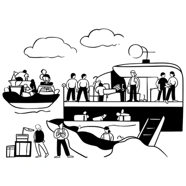 Civilians in life jackets boarding evacuation boats at a dock. Several military officers in uniform are standing nearby, directing the process. Some of the boats are already filled with passengers, while others wait to be boarded. There are supplies and equipment stacked nearby on the dock, and a sense of urgency is apparent in the organized chaos. The backdrop features a cloudy sky, emphasizing the serious nature of the evacuation.