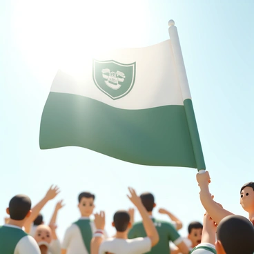 A large flag, featuring the colors and emblem of a rugby team, is being waved vigorously in the air. The flag displays vibrant hues of green and white, with the team's logo prominently featured in the center. Sunlight glints off the fabric as it flutters, creating a sense of movement. The background includes a cheering crowd, some wearing jerseys, all focused on the game with excitement. A clear sky enhances the overall atmosphere, emphasizing the energy and passion of the rugby event.