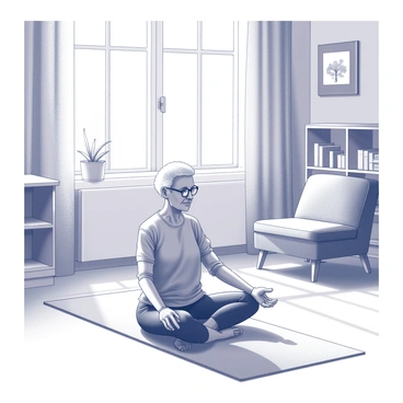 An elderly woman practicing yoga on a mat in her living room. She is in a seated position, with her legs crossed and her hands resting on her knees. Sunlight streams through a large window, casting soft shadows on the floor and illuminating the space. The room features a cozy atmosphere, with a bookshelf lined with books and a small potted plant in the corner. A comfortable chair is positioned nearby, creating a relaxing environment. A framed picture hangs on the wall, adding a personal touch to the decor.