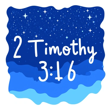 The phrase "2 Timothy 3:16" is elegantly written in a white, cursive font against a vibrant, deep blue sky filled with countless twinkling stars. Each star shines brightly, illuminating the surrounding area with a soft, ethereal glow. The text is centered in the image, drawing focus while the stars create a beautiful, shimmering backdrop. The atmosphere is tranquil, and the overall composition invites contemplation.