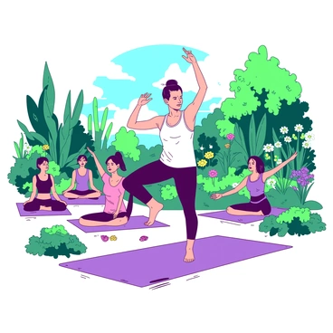 A yoga instructor is demonstrating a pose in a serene garden filled with vibrant plants and colorful flowers. The instructor is wearing comfortable clothing and has an expression of focus and calm. Surrounding the instructor are students of various backgrounds practicing yoga poses on individual mats. The garden is lush, with green foliage and pops of color from blooming flowers scattered throughout. Sunlight filters through the leaves, casting gentle shadows on the ground. A gentle breeze can be seen as the plants sway slightly.