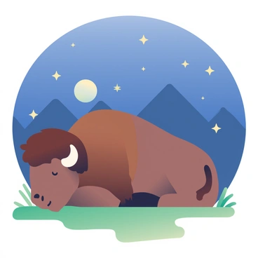 A large bison with a shaggy brown coat is lying down on a patch of grass. Its head is lowered, and it appears relaxed in a tranquil pose. Above, the night sky is filled with "twinkling stars" scattered across a deep blue background, creating a vivid contrast. The moon is partially visible, casting a soft light on the bison and the grassy ground. In the background, there are silhouettes of distant mountains, adding depth to the overall scene.