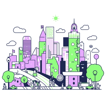 A bustling cityscape filled with towering buildings that resemble interconnected antibodies. The structures have a complex, organic appearance, featuring various shapes and curves that mimic the form of biological elements. The buildings are densely packed, creating a vibrant urban environment. In the foreground, people are walking along the streets, some engaged in conversations, while others are looking at their devices. Vehicles are moving on the roads, adding to the dynamic atmosphere. The sky above is clear, allowing sunlight to illuminate the unique architecture of the antibody-like buildings.