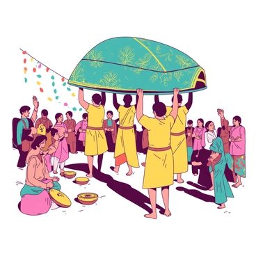 A teal palki is ornately decorated with intricate gold patterns and vibrant floral designs. The palki is being carried by four attendants, dressed in traditional attire, two on each side, with their outfits in contrasting shades of yellow. The attendants are showcasing a harmonious formation, lifting the palki above their heads. The scene is lively, with festive decorations surrounding the palki, including colorful garlands and lights that enhance the celebratory atmosphere. The attendees around the palki are engaged in joyful celebrations, clapping and playing traditional instruments.