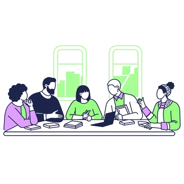 A group of five diverse people is seated around a large rectangular table, engaged in a thoughtful discussion. On the left, a woman with curly hair and glasses is leaning forward, resting her chin on her hand, listening intently. Next to her, a man with a beard in a dark sweater is speaking, using hand gestures to emphasize his points. Across from them, a woman with straight hair in a bright blouse is taking notes on a tablet, occasionally glancing up at the speakers. To her right, a man with a shaved head is nodding in agreement while he looks at a stack of research papers on the table. On the far right, a woman with braided hair and a patterned scarf is holding a pen, ready to contribute her thoughts. The table is cluttered with books and a laptop, and there are two large windows in the background allowing for natural light to fill the space.