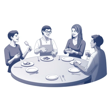 A circular table set with several plates and utensils. Five characters are gathered around the table, engaged in lively conversation while sharing a meal. Each character is depicted with distinct features that indicate their personalities and backgrounds. One character, with short hair and glasses, is laughing heartily while holding a fork. Another character, with long braided hair, is serving food from a large bowl into her plate. A third character, with a beard, is raising a glass in a toast. The atmosphere reflects a sense of warmth and joy as they enjoy their time together. "Camaraderie" and "friendship" are depicted through their animated expressions and body language.