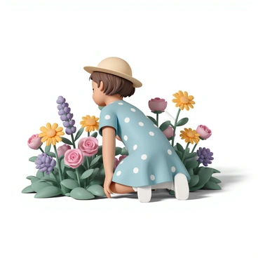 A young girl, wearing a light blue dress with white polka dots and a sun hat, is kneeling in a garden. She is surrounded by a variety of blooming flowers, including vibrant roses, yellow daisies, and purple lavender. The girl has her hands resting on her knees, looking thoughtfully at the flowers around her. The sun casts soft shadows, highlighting the colors of the flowers and the greenery in the garden.