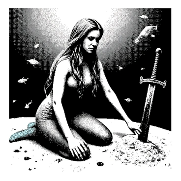 A mermaid with long flowing hair is kneeling on the ocean floor, her curious expression focused on a buried sword partially covered in sand. She has shimmering scales along her tail that reflect light. Around her, various fish are swimming gracefully, showcasing different shapes and sizes. The underwater scene is filled with intricate details, including fragments of coral and seaweed, adding depth to the environment. The sword has a detailed hilt and appears old and rusty, hinting at a long-lost treasure. The mermaid's hand reaches towards the sword, creating a sense of discovery and exploration.