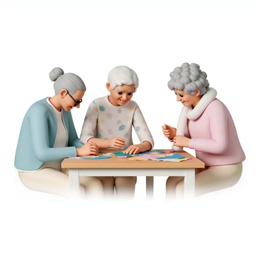 A small group of elderly women quilting together around a table
