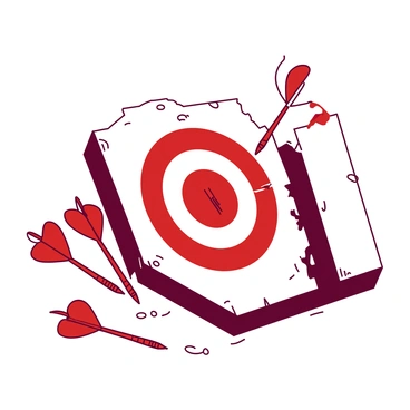 A red dart is embedded in the center of a weathered white dartboard, forming a perfect bullseye. The dartboard shows signs of wear, with chipped edges and faded colors, indicating it has been used frequently. The surrounding area is cluttered with a few scattered darts in various positions, some lying on the ground and others resting against the dartboard. The lighting casts subtle shadows, highlighting the texture of the dartboard's surface.