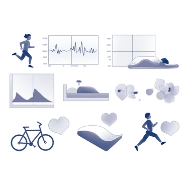 An infographic displaying a series of charts and illustrations that depict heart rate variations during various activities. The first section shows a runner in motion, with a heart rate graph illustrating elevated beats per minute. The next section portrays a person peacefully sleeping, accompanied by a contrasting heart rate graph indicating lower beats per minute. Additional sections may depict activities such as cycling, swimming, and resting, each with corresponding heart rate metrics and simple icons representing the activity. The overall layout is organized and informative, emphasizing clear distinctions between heart rate levels across different scenarios.