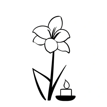 A single white lily stands elegantly in the center of the image. The petals are delicately detailed, showcasing the texture and curves of the flower. A nearby candle emits a warm glow, casting soft shadows around the lily. The candle’s flame flickers gently, creating a serene atmosphere. The background is softly blurred, emphasizing the focus on the lily and the candle.