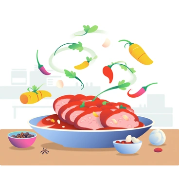 A colorful "moo deng" dish is presented on a wooden table, featuring slices of roasted pork bathed in a shiny red sauce. Around the dish, an assortment of spices is floating in mid-air, creating a dynamic composition. There are bright yellow turmeric roots, deep red chili peppers, and green sprigs of cilantro spiraling around the dish. Small bowls filled with peppercorns, star anise, and garlic cloves are positioned nearby, adding texture to the scene. The background features subtle, blurred hints of kitchenware, further enhancing the focus on the floating spices and the "moo deng" dish.