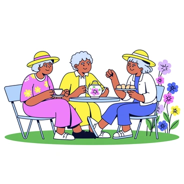 A group of three elderly women sitting around a small round table in a sunny garden. Each woman is wearing a colorful sun hat. One woman has gray hair and is holding a teacup with a floral pattern. The second woman has short white hair and is pouring tea from a vintage teapot decorated with roses. The third woman has long silver hair tied back and is smiling while holding a plate of scones. Surrounding them are blooming flowers in varied colors and a green lawn that reflects the sunlight.