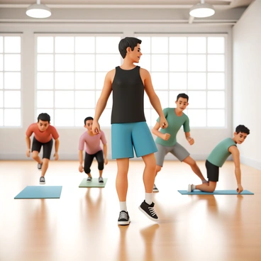 A fitness coach, wearing a black tank top and bright blue shorts, stands at the front of a spacious gym. The coach has short, dark hair and is demonstrating a workout move with enthusiasm. In front of the coach, a group of five people of various ages and fitness levels are participating in the high-energy session. One person, wearing a red shirt and black leggings, is jumping while another, dressed in a green tank top and gray shorts, is doing push-ups. The scene captures the dynamic energy of the workout, with everyone focused and engaged. Bright overhead lights illuminate the gym, reflecting off the polished wooden floor.