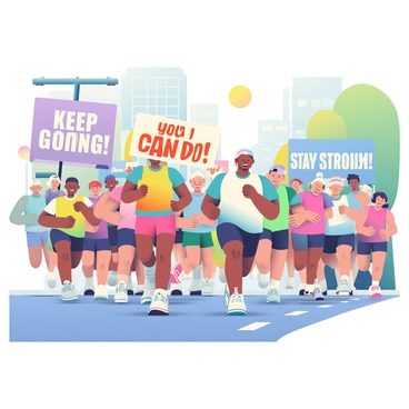 A group of marathon pacers is leading a pack of runners along a city street. Each pacer is wearing a distinctive colorful shirt, and they are surrounded by enthusiastic runners of various ages and abilities. One pacer is holding a large sign that says "Keep Going!" in bold letters. Another pacer has a bright sign with "You Can Do It!" while a third pacer displays a motivational message saying "Stay Strong!" The atmosphere is energetic, with runners smiling and cheering as they push forward together. The sun is shining brightly, casting soft shadows on the asphalt.