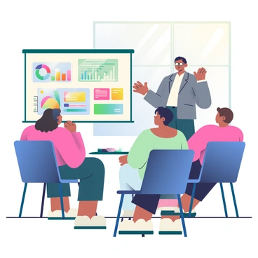 A corporate trainer with light brown skin and short black hair is standing in front of a projector screen, gesturing as they explain concepts. The trainer is wearing a gray blazer over a white shirt and dark trousers. Various employees with different ethnic backgrounds, including a woman with curly hair and a man with glasses, are seated on dark blue chairs, attentively listening. The projector screen displays colorful charts and graphs related to the presentation. A round table with notepads and pens is visible in the foreground, and there is a large window with natural light illuminating the room.