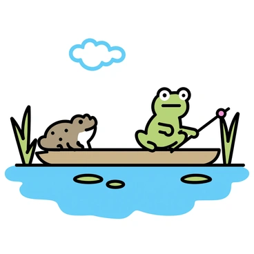 A green frog with large eyes is sitting on one side of a small wooden raft, holding a fishing rod with a red bobber. On the opposite side, a brown toad with bumpy skin is looking over the edge of the raft, intently watching the water. The raft is gently floating on the surface of a calm lake, surrounded by tall green reeds and a few lily pads. The water reflects the clear blue sky above, with a few fluffy white clouds drifting by.