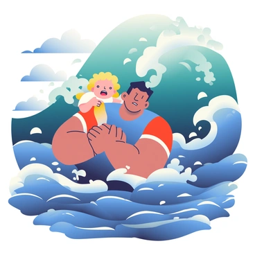A muscular hero with short black hair, wearing a blue and red wetsuit, is heroically lifting a small child out of the dark, churning waters. The child, with curly blond hair, is clutching tightly to the hero's shoulder, their eyes wide with fear. Behind them, massive waves are rising, culminating in a towering tsunami that looms ominously in the background. Dark clouds swirl above, and the water is splashing violently around them. The scene is filled with tension, highlighting the urgency of the rescue amid the impending disaster.