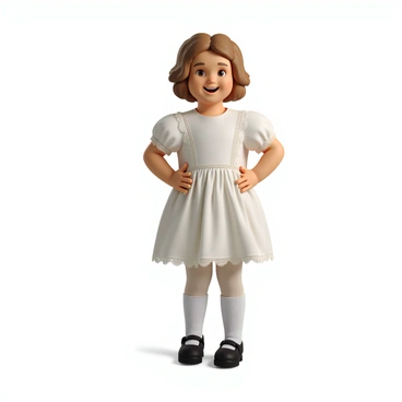 A carte de visite showcasing a charming child with a playful smile. The child has light brown hair styled in soft curls, and is wearing a delicate white dress with lace trim. The dress features puffed sleeves and a knee-length hem. The child is also wearing white stockings and small black shoes. The background is a softly blurred studio setting, enhancing the focus on the child, who is standing with hands on hips and feet slightly apart, exuding a joyful spirit.