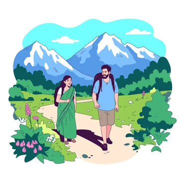 A Maharashtrian couple is hiking along a winding trail surrounded by lush greenery and vibrant wildflowers. The woman is wearing a traditional green saree, while the man is dressed in a blue kurta and khaki shorts. Both are carrying small backpacks and smiling as they enjoy the fresh air. In the background, towering mountains rise majestically, their peaks partially covered with snow. The sky above is a bright blue with a few fluffy white clouds drifting by.