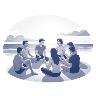 A group of several people sitting on the sand in a circle. Each person has a relaxed posture, engaged in conversation with one another. They are diverse in appearance, showcasing different styles of clothing suitable for a beach setting. The setting sun is low on the horizon, casting elongated shadows on the sand. Some individuals are leaning in closer, while others are gesturing, indicating the exchange of ideas. The ocean is visible in the background, with gentle waves lapping at the shore. The sky is filled with a mixture of silhouettes and soft outlines as the light begins to fade.