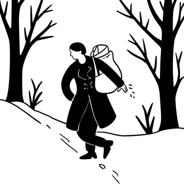 Victor Frankenstein dressed in a long, dark coat, walking along a snow-covered trail. He is carrying a large, heavy sack filled with scientific equipment slung over his shoulder. Snowflakes are gently falling around him, accumulating on the ground and on the branches of nearby trees. His footsteps leave distinct imprints in the fresh snow as he moves with purpose through the serene, wintry landscape.