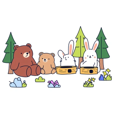 A group of forest animals is gathered in a line to use a small woodland potty. The first animal in line is a brown bear with a curious expression, sitting patiently. Behind the bear is a fluffy white rabbit with long ears perked up. Surrounding them are tall trees with green leaves, and patches of colorful wildflowers dotting the forest floor. The potty is a wooden box with a simple hole cut out, positioned on the ground among the bushes. The scene conveys a light-hearted moment in a lively woodland setting.