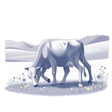 A cow is grazing in a meadow filled with various wildflowers. The cow has a gentle expression, its ears perked up while it nibbles on the grass. The meadow is expansive, dotted with clumps of wildflowers, including shapes of daisies and poppies. In the background, there are rolling hills that gently rise, completing the tranquil rural scene. The sunlight casts soft shadows on the ground, enhancing the peaceful atmosphere.