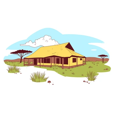 A yellow rustic lodge with a thatched roof stands prominently in the middle of a wide open savannah. The lodge features wooden beams and large windows, reflecting the natural surroundings. Tall grasses in shades of green and brown sway gently in the breeze around the lodge. In the distance, acacia trees dot the landscape, silhouetted against a pale blue sky. A few fluffy white clouds drift lazily above the scene, creating a sense of tranquility in the savannah environment.